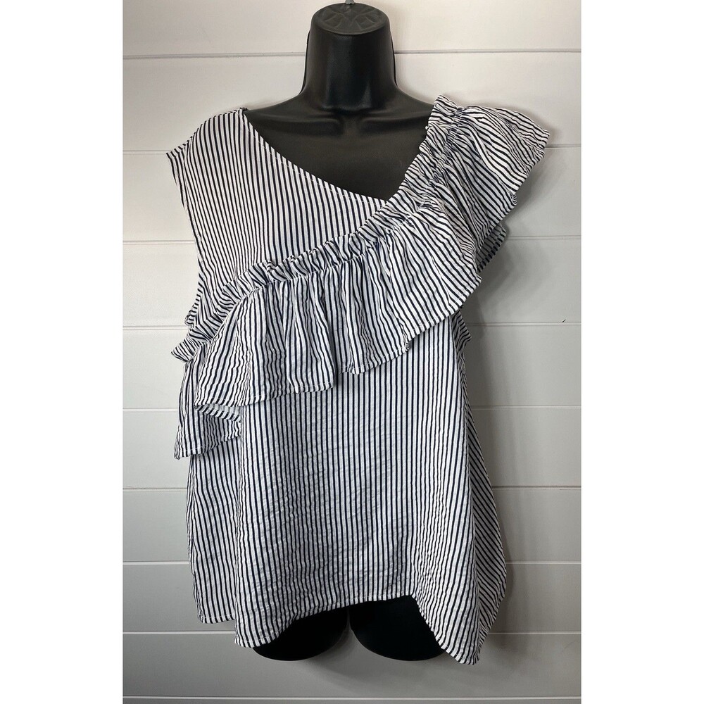 Symphony Asymmetrical Striped Ruffle Nautical Preppy Coastal Resort Womens Large